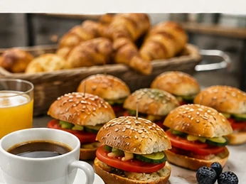 Frühstück mit belegten Brötchen und Kaffee