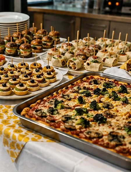 Beispielhafte italienische Catering-Auswahl mit Fingerfood und Pizza