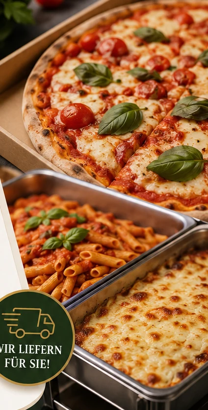 Beispiel für italienisches Essen mit Pizza und warmen Speisen